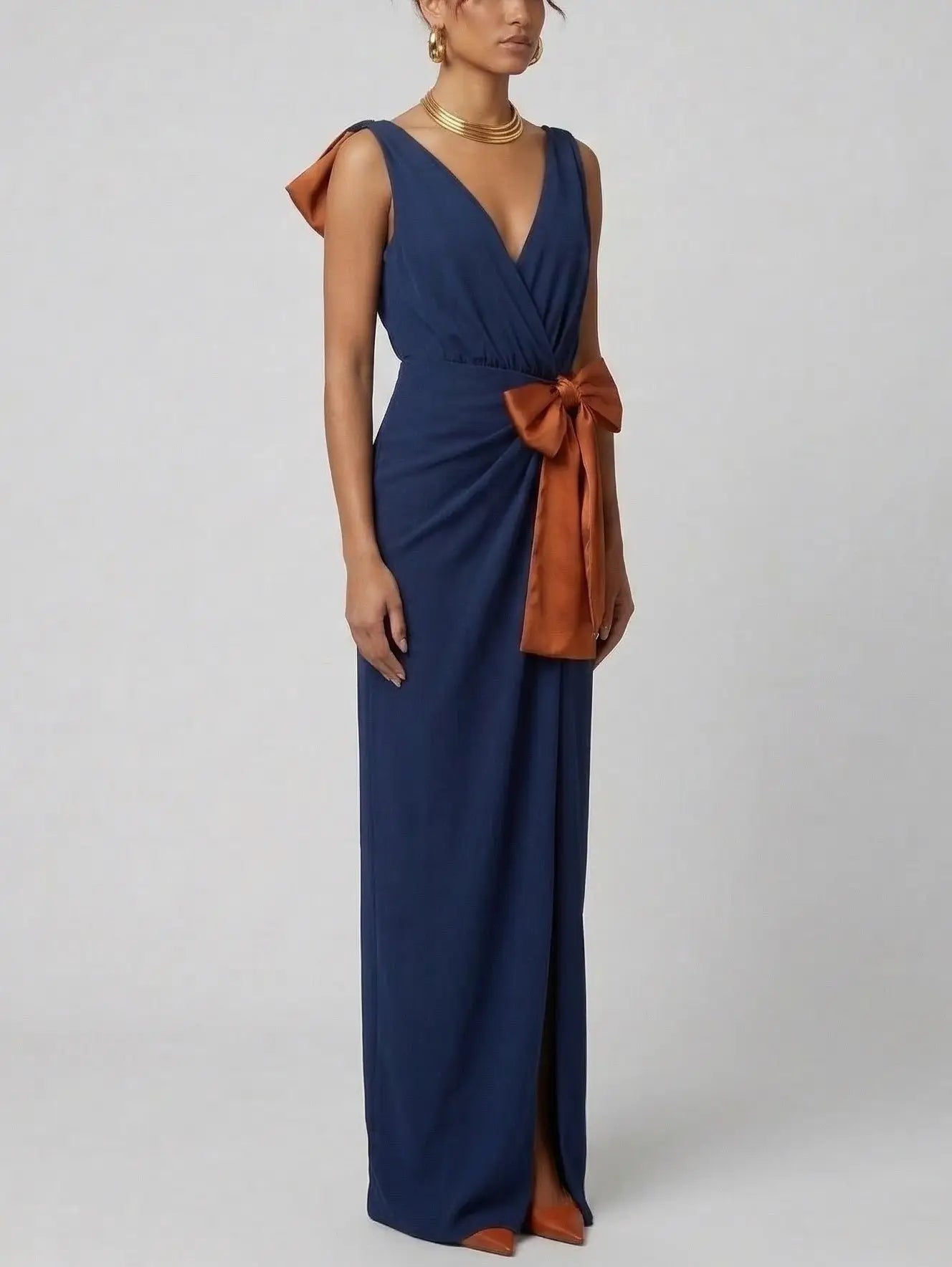 Navy Draped Maxi Dress with Contrast Bows - Dresses