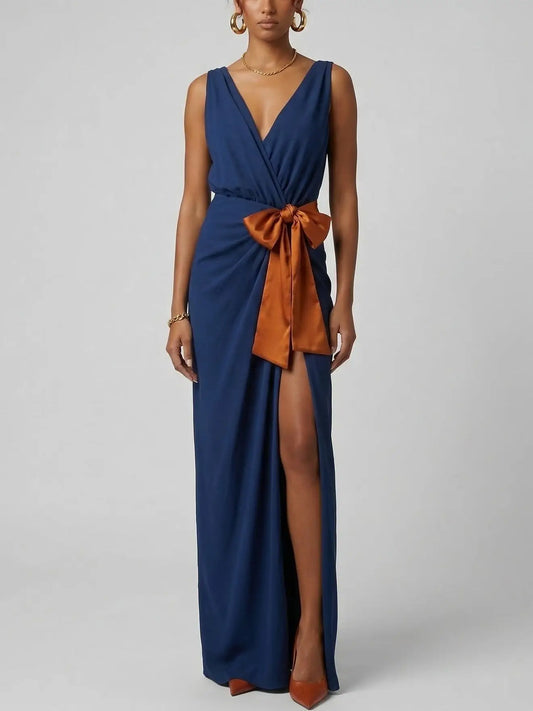 Navy Draped Maxi Dress with Contrast Bows - Dresses