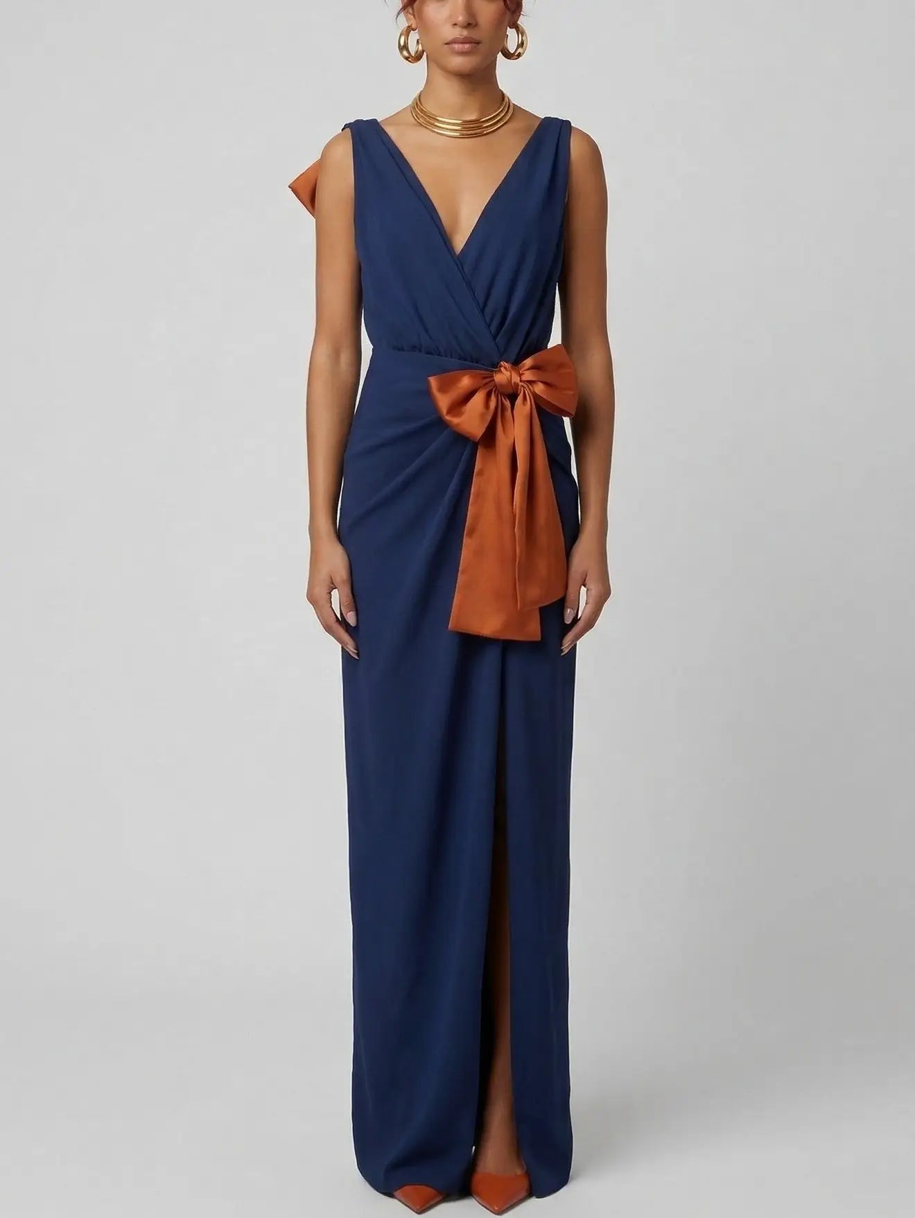 Navy Draped Maxi Dress with Contrast Bows - Dresses