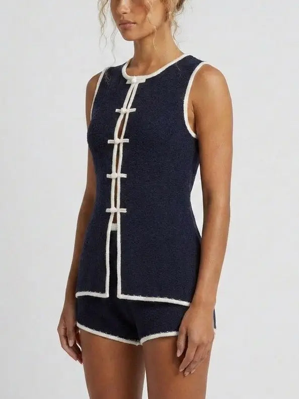 Navy Knit Vest Top and Shorts Set - Suits & Sets