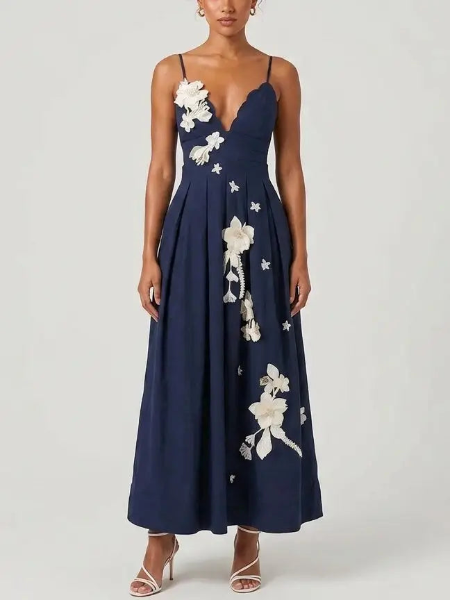 Navy Linen Maxi Dress with 3D Floral Embroidery - Dresses