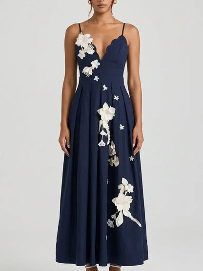 Navy Linen Maxi Dress with 3D Floral Embroidery - Dresses