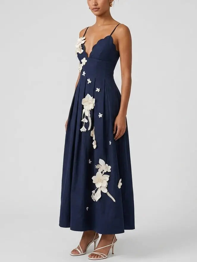 Navy Linen Maxi Dress with 3D Floral Embroidery - Dresses