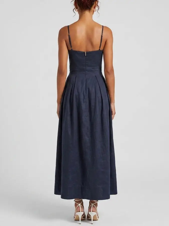 Navy Linen Maxi Dress with 3D Floral Embroidery - Dresses
