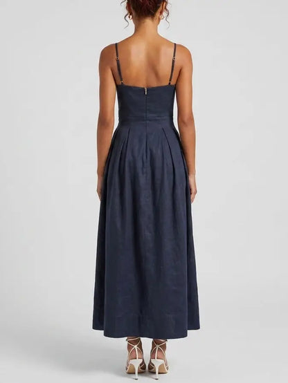Navy Linen Maxi Dress with 3D Floral Embroidery - Dresses