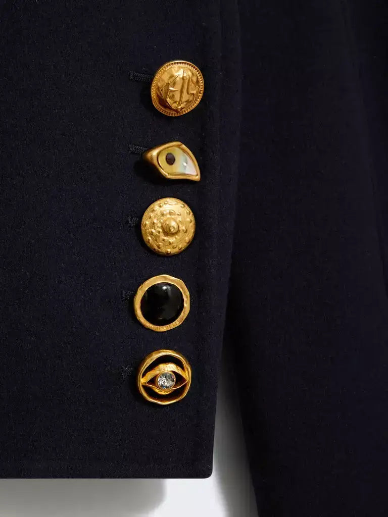 Navy Mandarin Collar Wool-Blend Coat with Gold Buttons - Coats