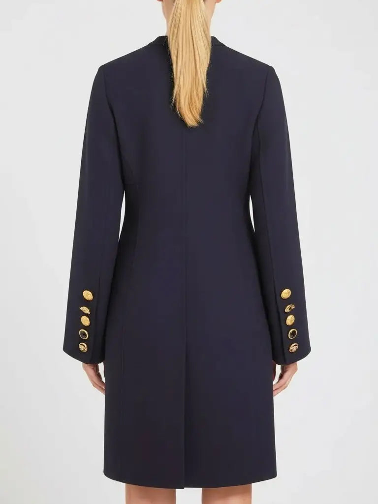 Navy Mandarin Collar Wool-Blend Coat with Gold Buttons - Coats