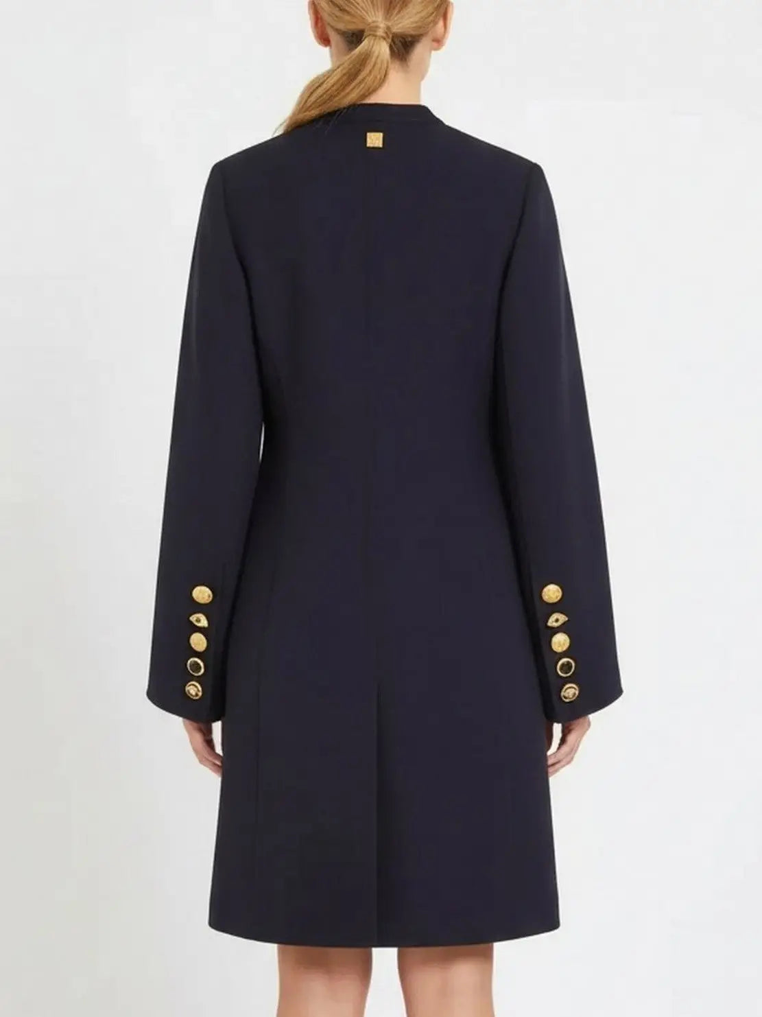 Navy Mandarin Collar Wool-Blend Coat with Gold Buttons - Coats