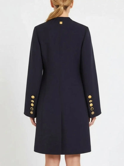 Navy Mandarin Collar Wool-Blend Coat with Gold Buttons - Coats