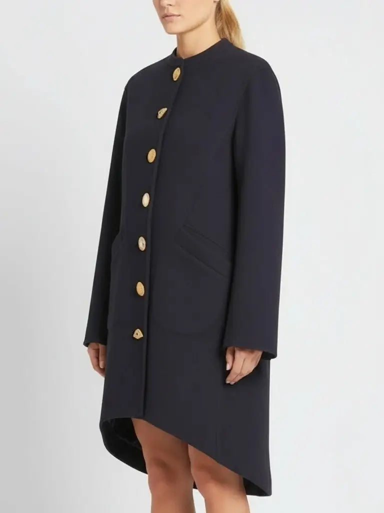 Navy Mandarin Collar Wool-Blend Coat with Gold Buttons - Coats