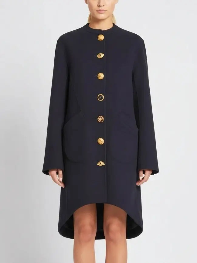 Navy Mandarin Collar Wool-Blend Coat with Gold Buttons - Coats