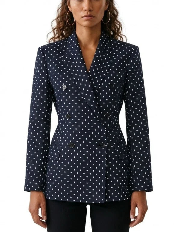 Navy Polka Dot Double Breasted Tailored Blazer - Jackets