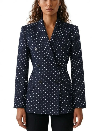 Navy Polka Dot Double Breasted Tailored Blazer - Jackets