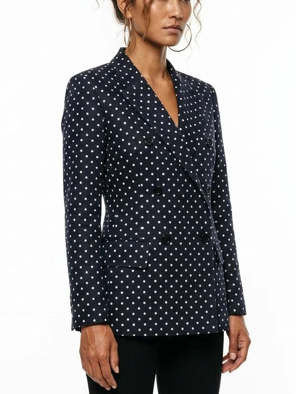 Navy Polka Dot Double Breasted Tailored Blazer - Jackets