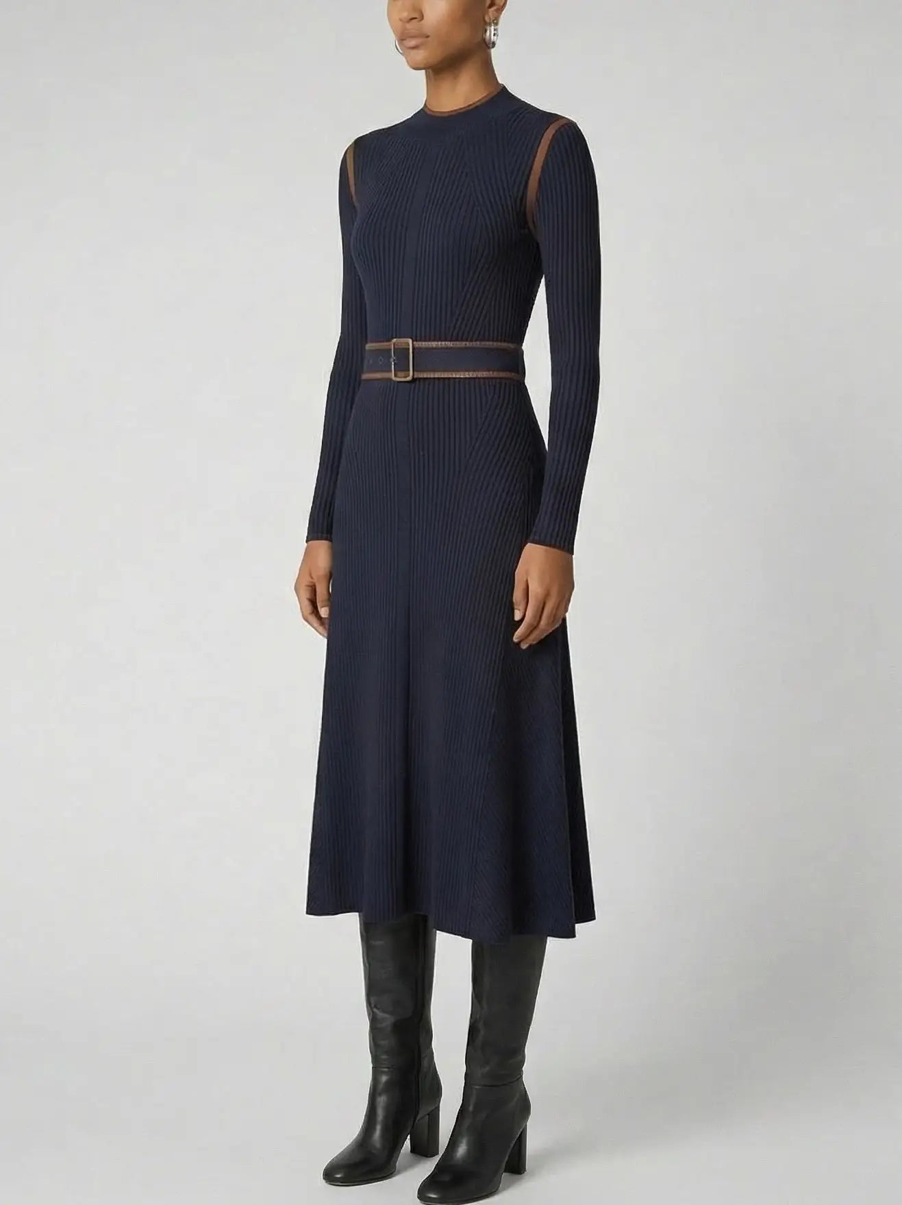 Navy Ribbed Knit Midi Dress with Brown Contrast Trim - Dresses