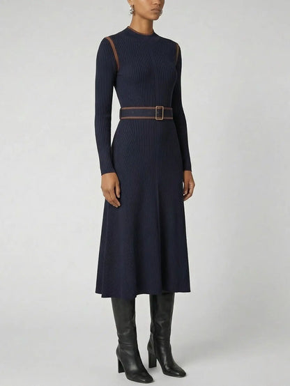 Navy Ribbed Knit Midi Dress with Brown Contrast Trim - Dresses