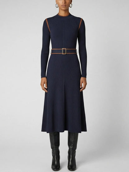 Navy Ribbed Knit Midi Dress with Brown Contrast Trim - Dresses