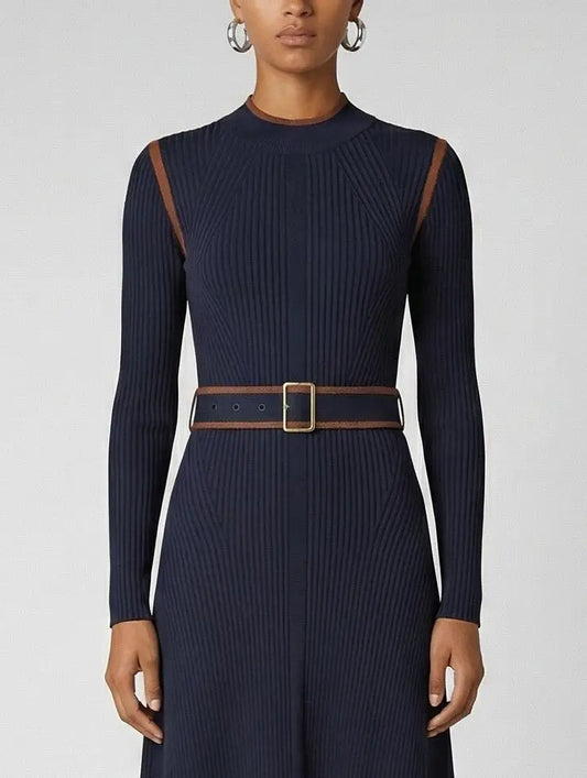 Navy Ribbed Knit Midi Dress with Brown Contrast Trim - Dresses