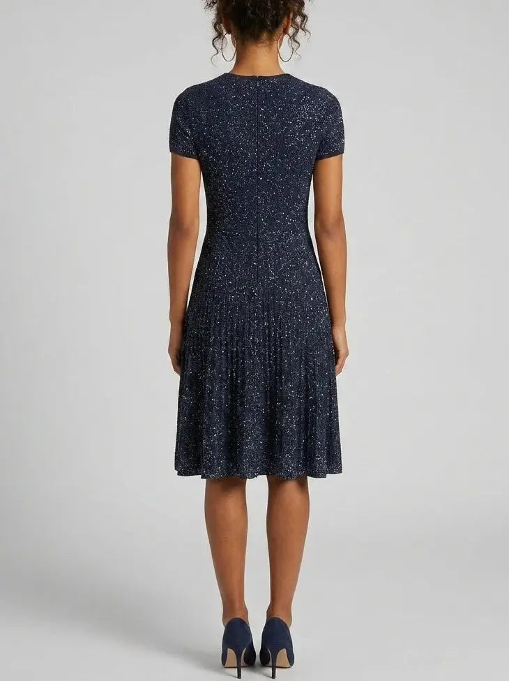 slim fit dress slacks Navy Sequin Knit Fit and Flare Dress