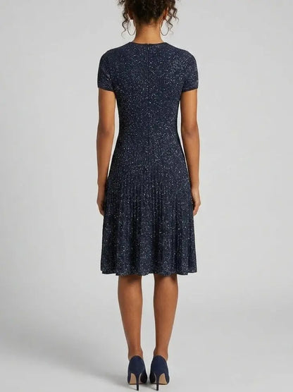 Navy Sequin Knit Fit and Flare Dress - Dresses
