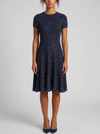 Navy Sequin Knit Fit and Flare Dress - Dresses