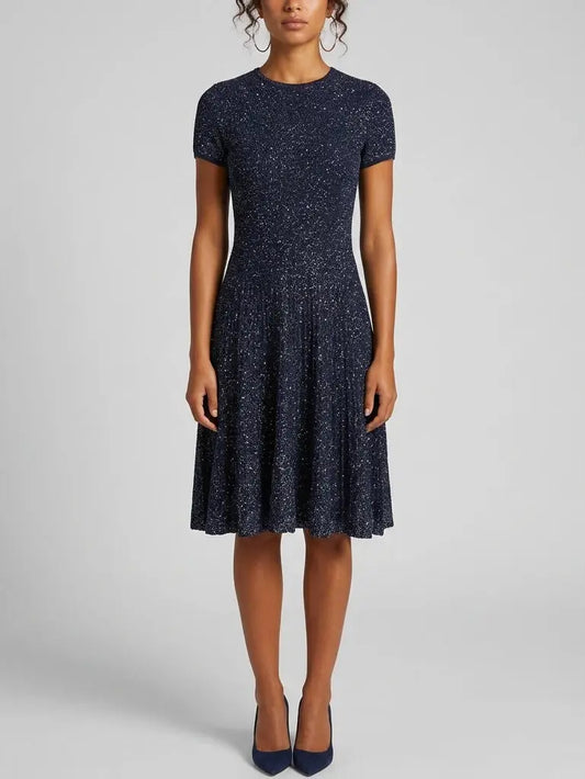Navy Sequin Knit Fit and Flare Dress - Dresses