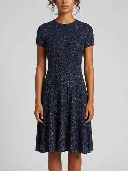 Navy Sequin Knit Fit and Flare Dress - Dresses