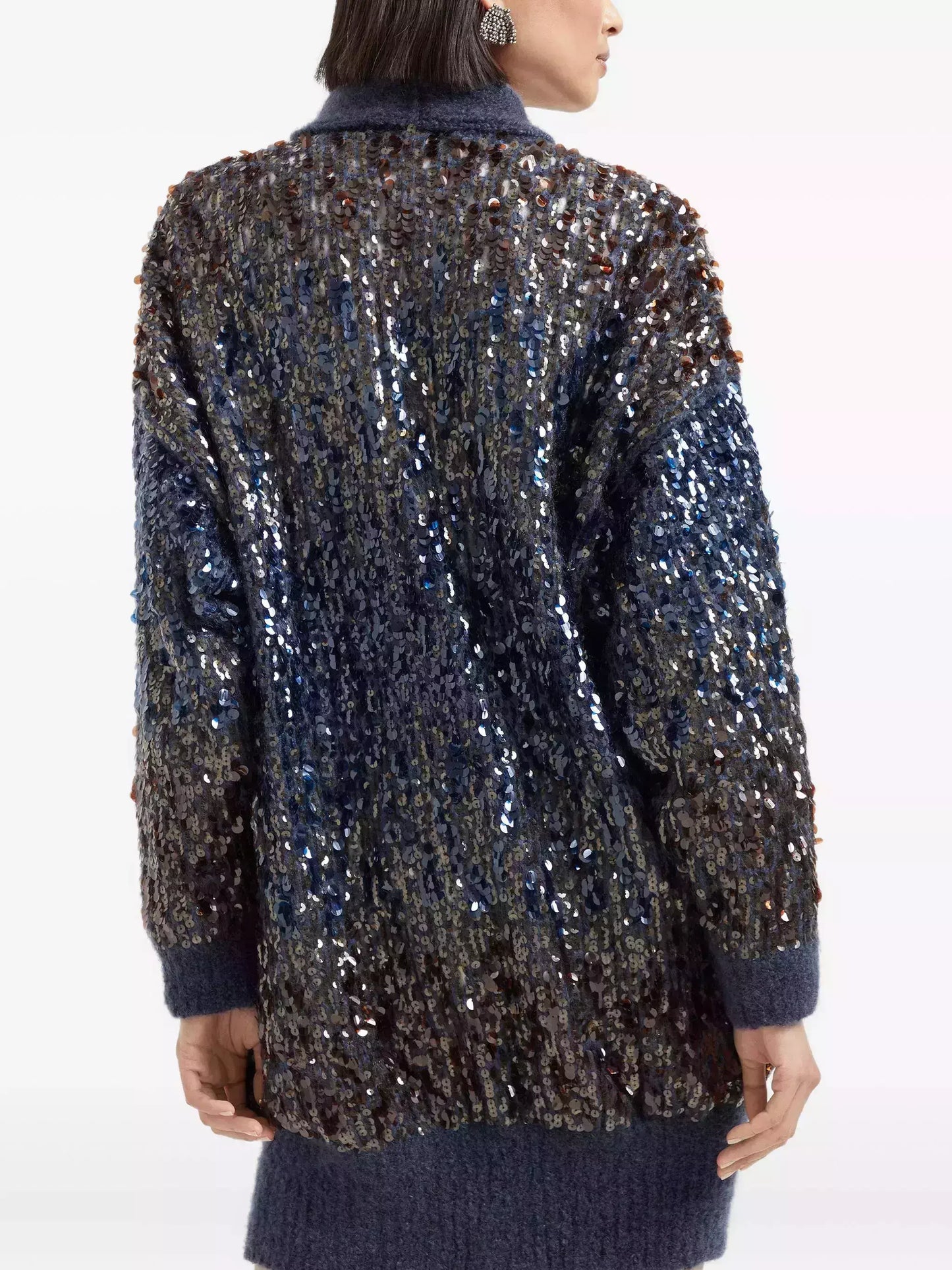 Navy Wool-Mohair Long Sequined Cardigan - Sweaters & Knitwear