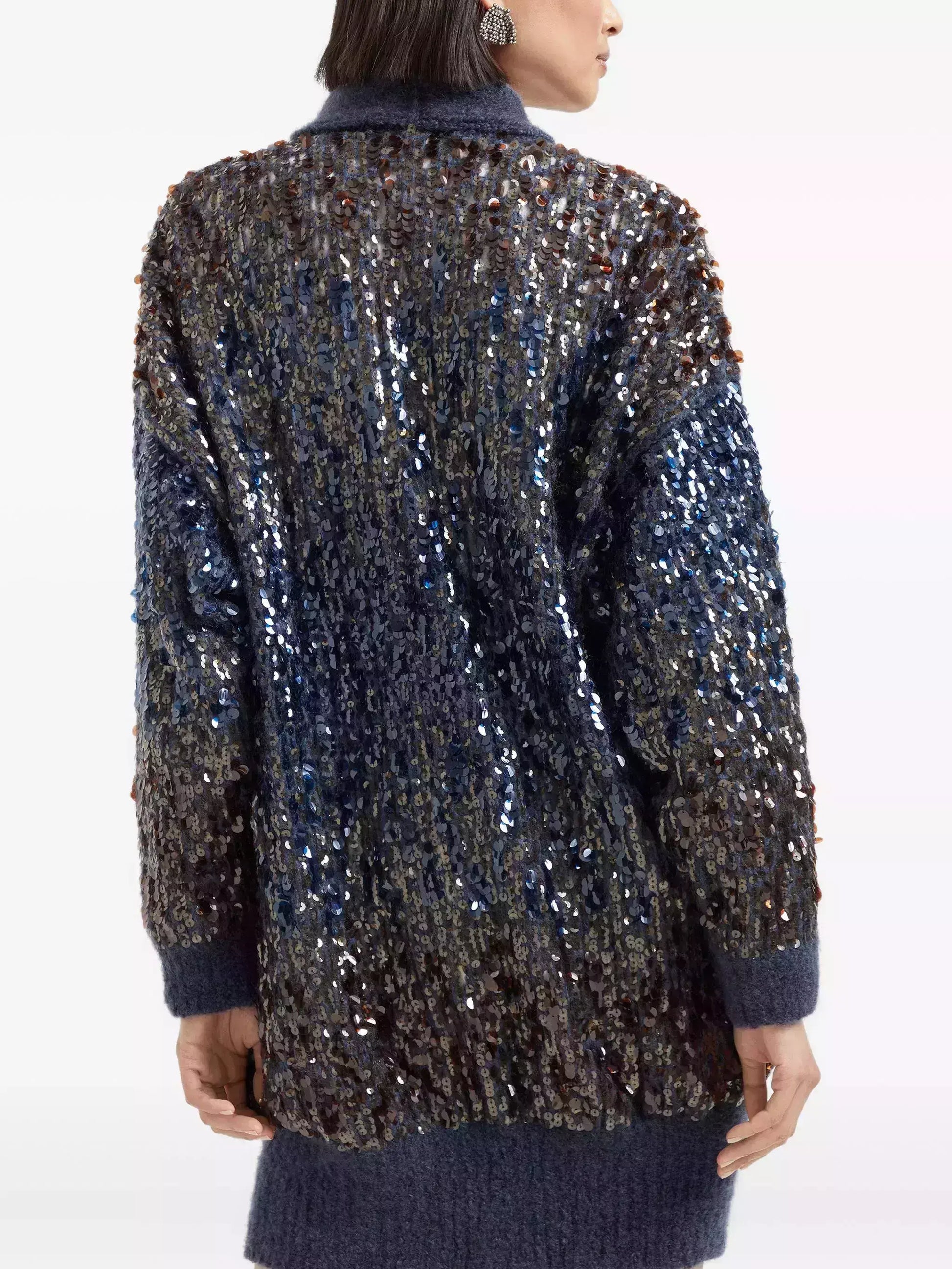 Navy Wool-Mohair Long Sequined Cardigan - Sweaters & Knitwear
