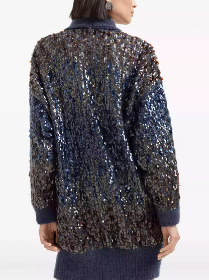 Navy Wool-Mohair Long Sequined Cardigan - Sweaters & Knitwear