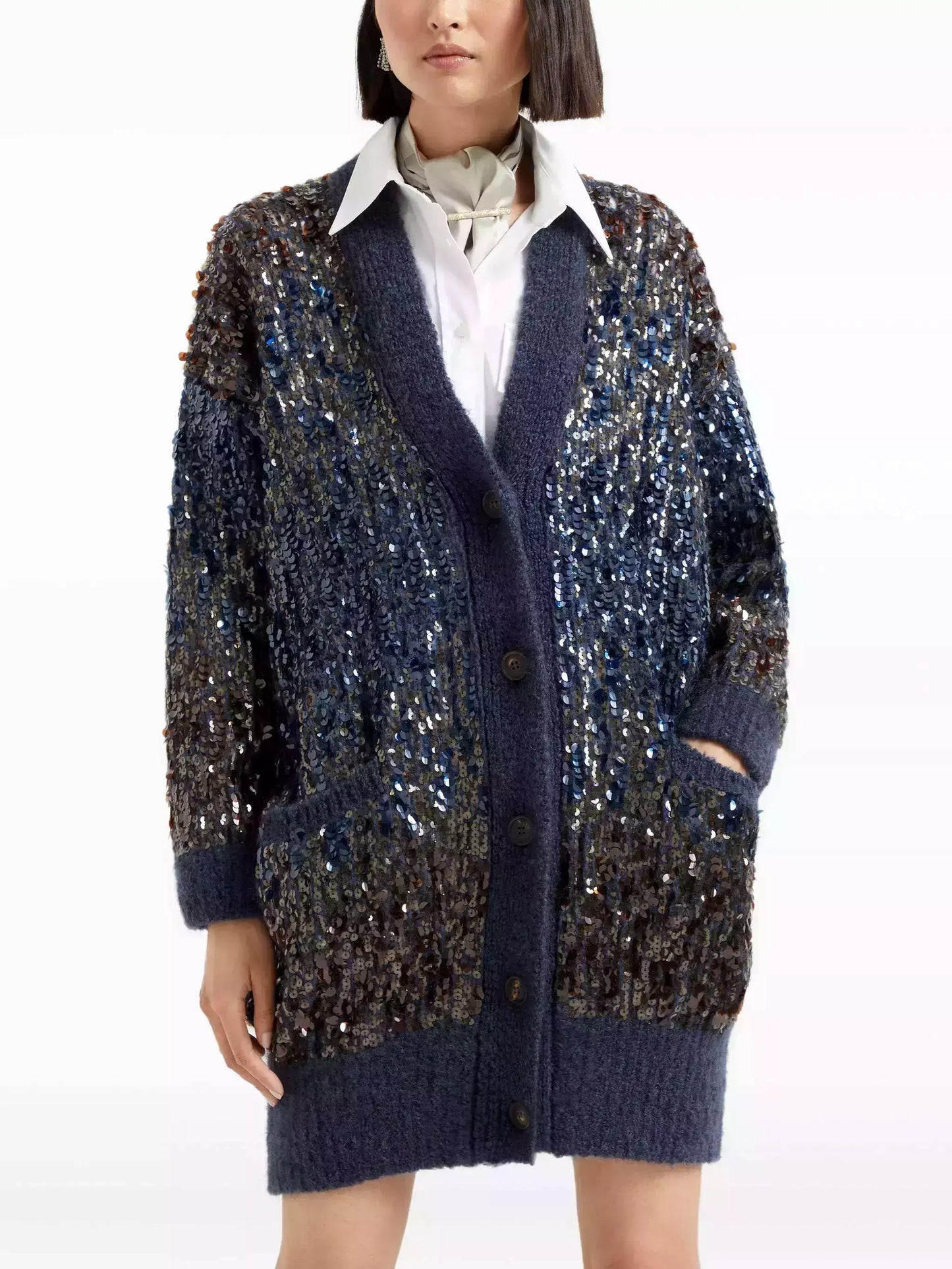Navy Wool-Mohair Long Sequined Cardigan - Sweaters & Knitwear