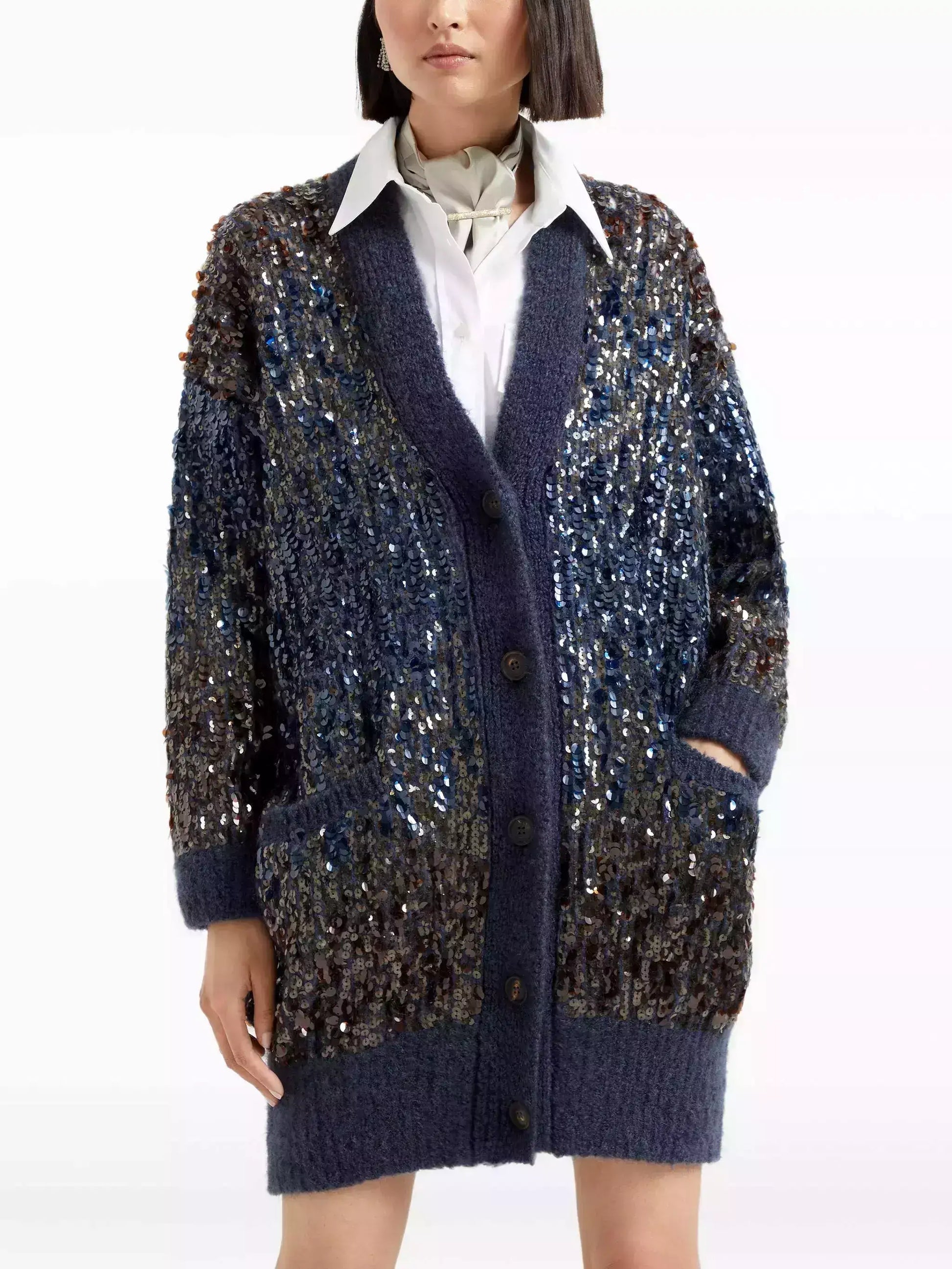 Navy Wool-Mohair Long Sequined Cardigan - Sweaters & Knitwear
