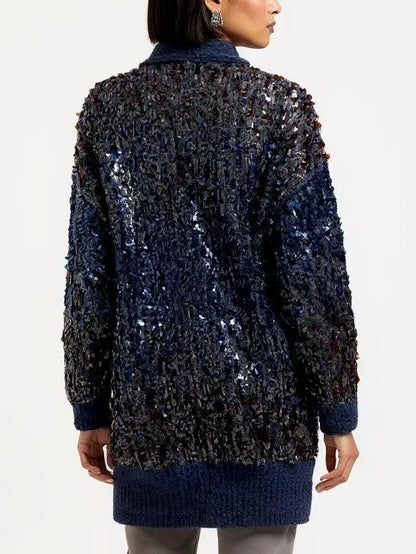 Navy Wool-Mohair Long Sequined Cardigan - Sweaters & Knitwear