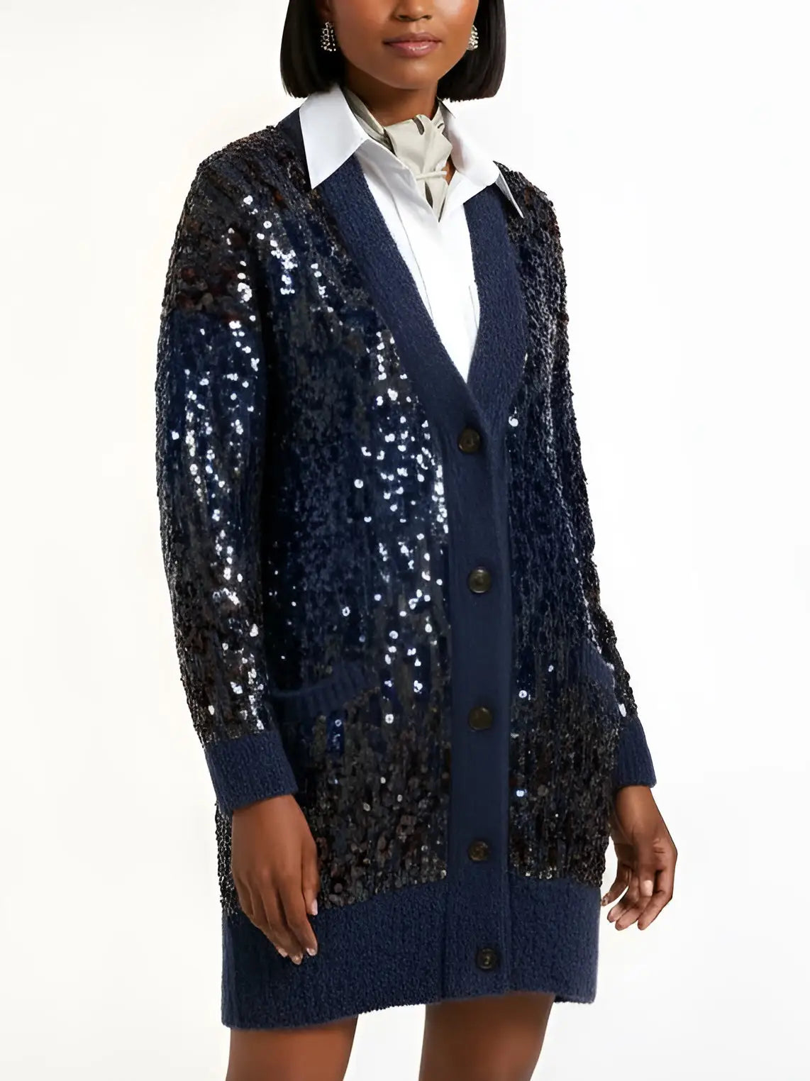Navy Wool-Mohair Long Sequined Cardigan - Sweaters & Knitwear