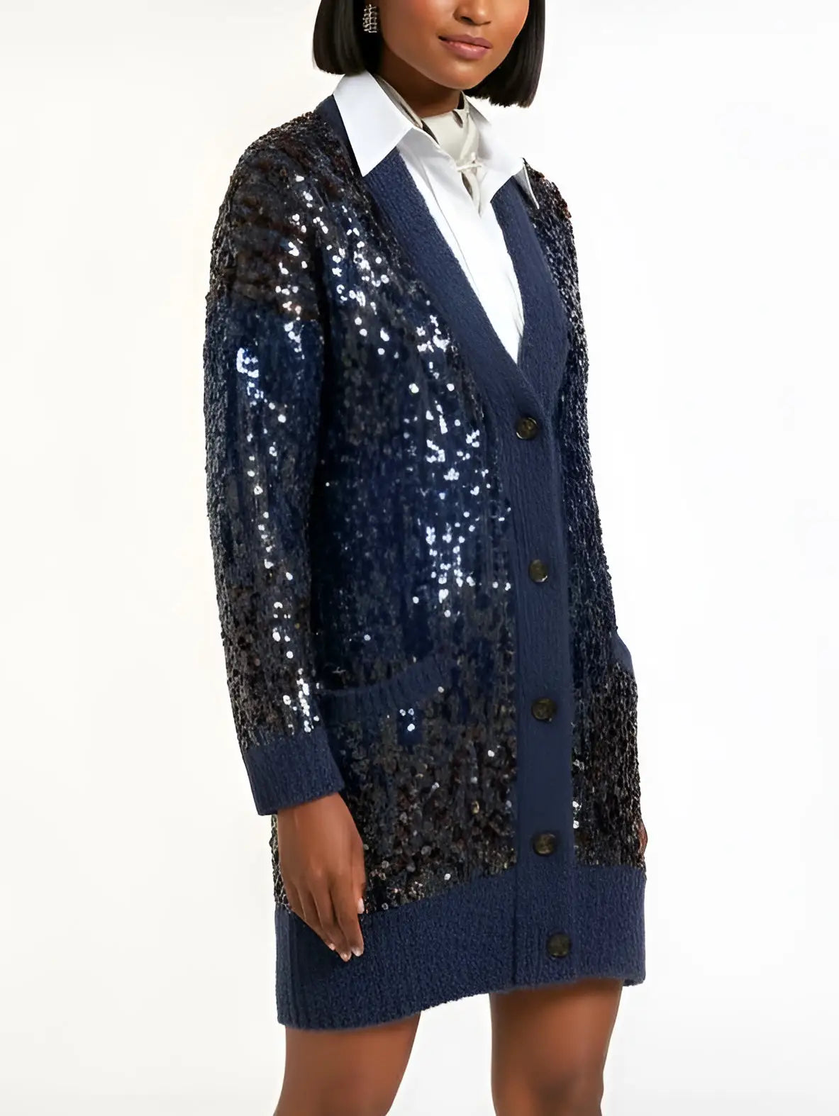 Navy Wool-Mohair Long Sequined Cardigan - Sweaters & Knitwear