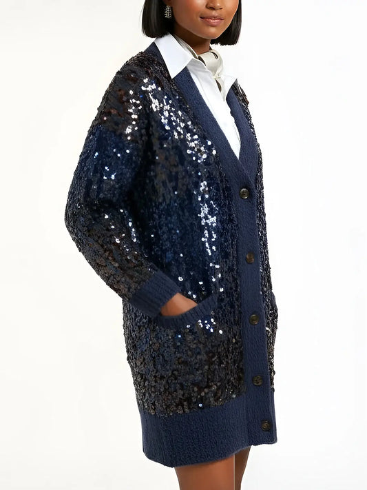 Navy Wool-Mohair Long Sequined Cardigan - Sweaters & Knitwear