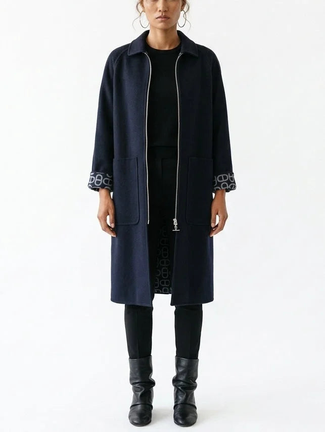 Navy Zip Front Cashmere Coat - Coats