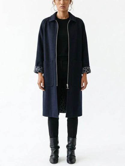 Navy Zip Front Cashmere Coat - Coats
