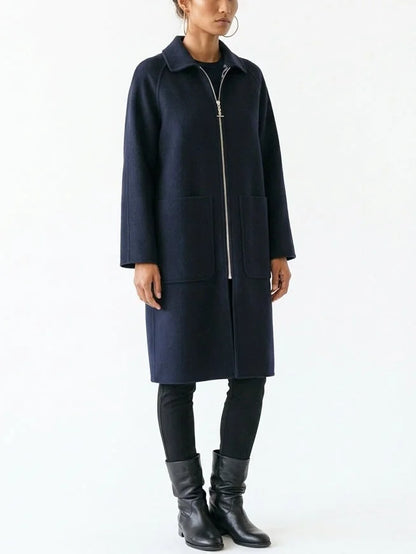 Navy Zip Front Cashmere Coat - Coats