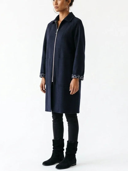 Navy Zip Front Cashmere Coat - Coats