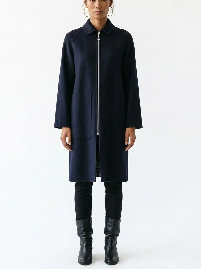 Navy Zip Front Cashmere Coat - Coats