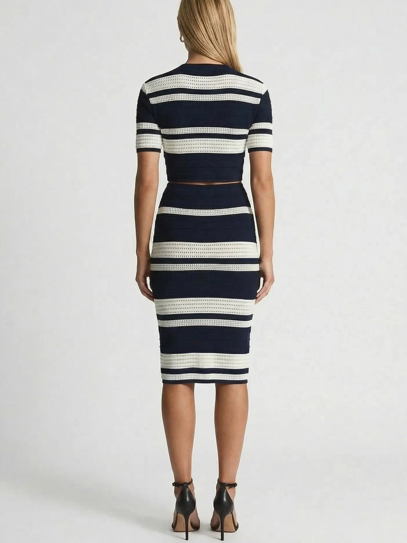 Navy & Ivory Striped Knit Crop Top and Midi Skirt Set - Suits & Sets