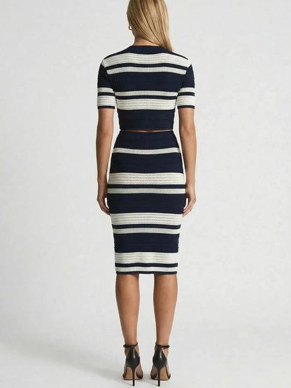 Navy & Ivory Striped Knit Crop Top and Midi Skirt Set - Suits & Sets