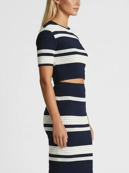 Navy & Ivory Striped Knit Crop Top and Midi Skirt Set - Suits & Sets