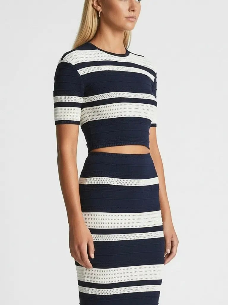Navy & Ivory Striped Knit Crop Top and Midi Skirt Set - Suits & Sets