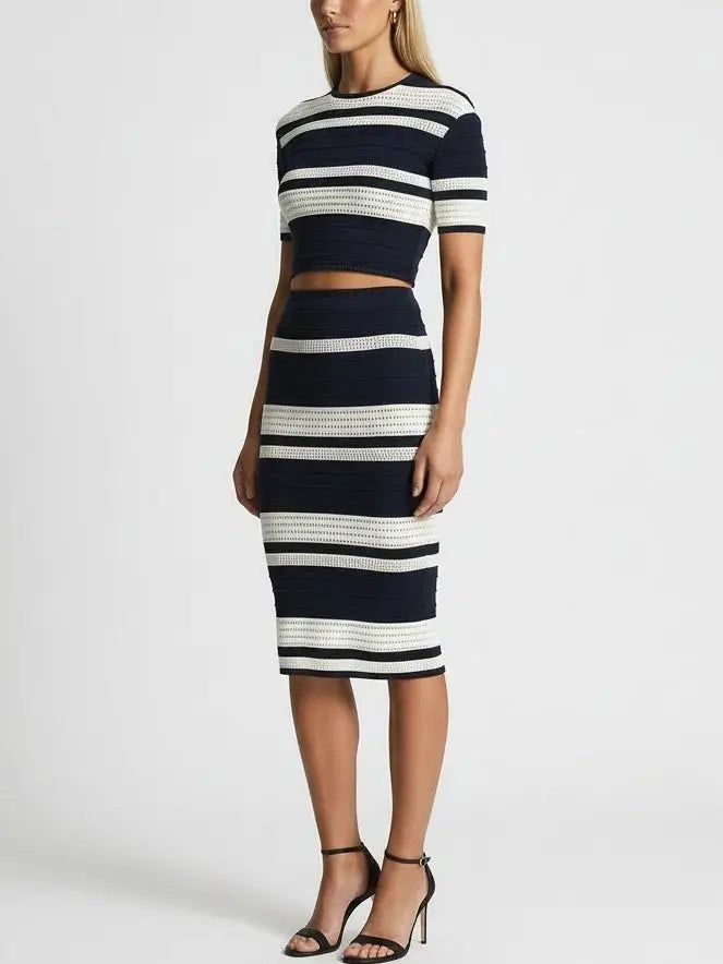 Navy & Ivory Striped Knit Crop Top and Midi Skirt Set - Suits & Sets