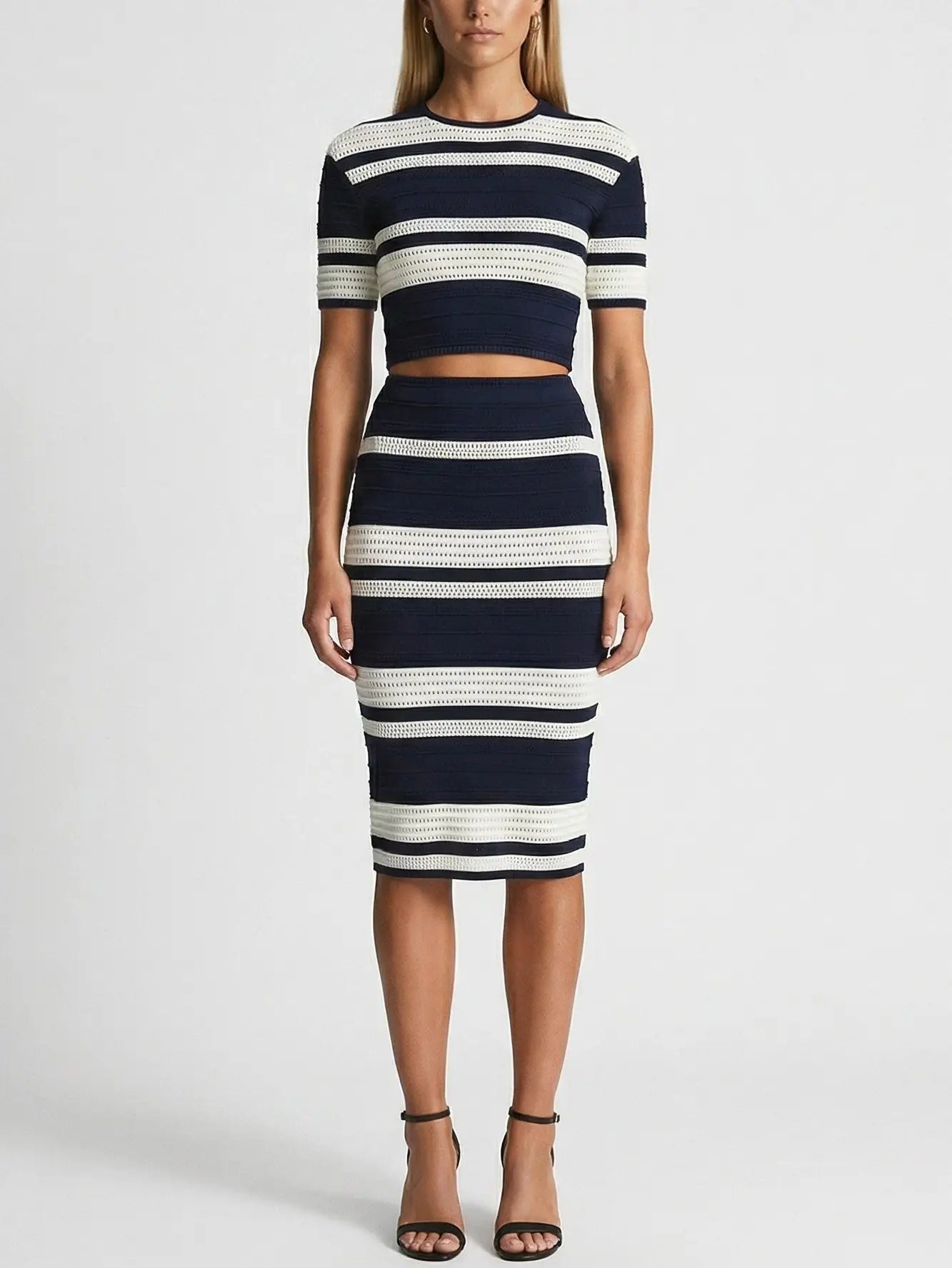Navy & Ivory Striped Knit Crop Top and Midi Skirt Set - Suits & Sets