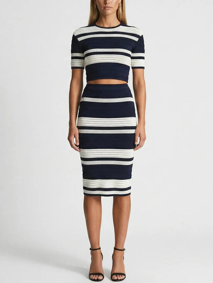 Navy & Ivory Striped Knit Crop Top and Midi Skirt Set - Suits & Sets