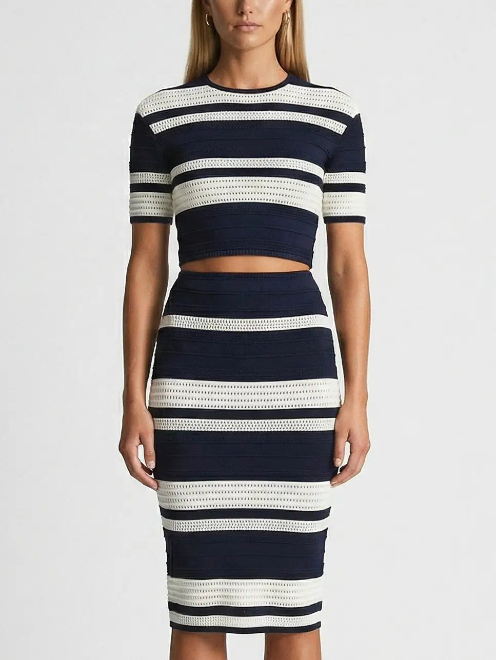 Navy & Ivory Striped Knit Crop Top and Midi Skirt Set - Small - Suits & Sets
