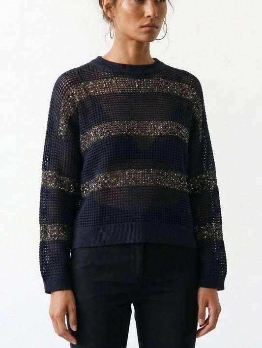 Navy and Gold Sequin Stripe Open Knit Sweater - Sweaters & Knitwear